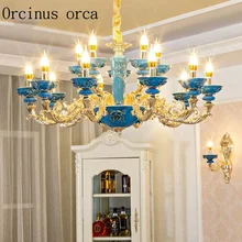 

French garden zinc alloy Candle Chandelier villa living room dining room bedroom European style luxury blue ceramic Chandelier