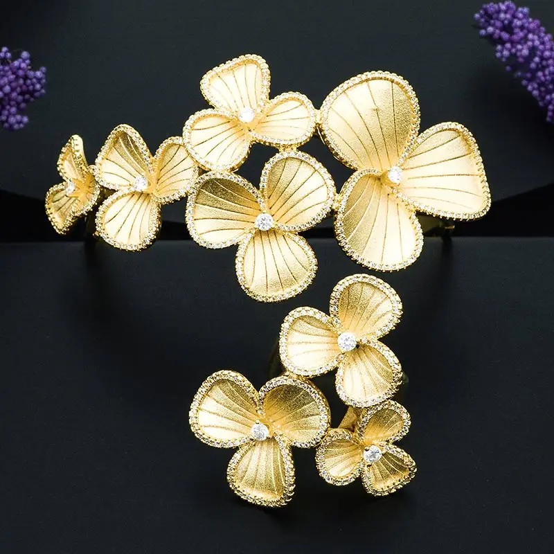 

ModemAngel Charming Flowers Copper Bangle And Ring Set for Girls and Women High Quality Gold Party Accessory Statement Jewelry