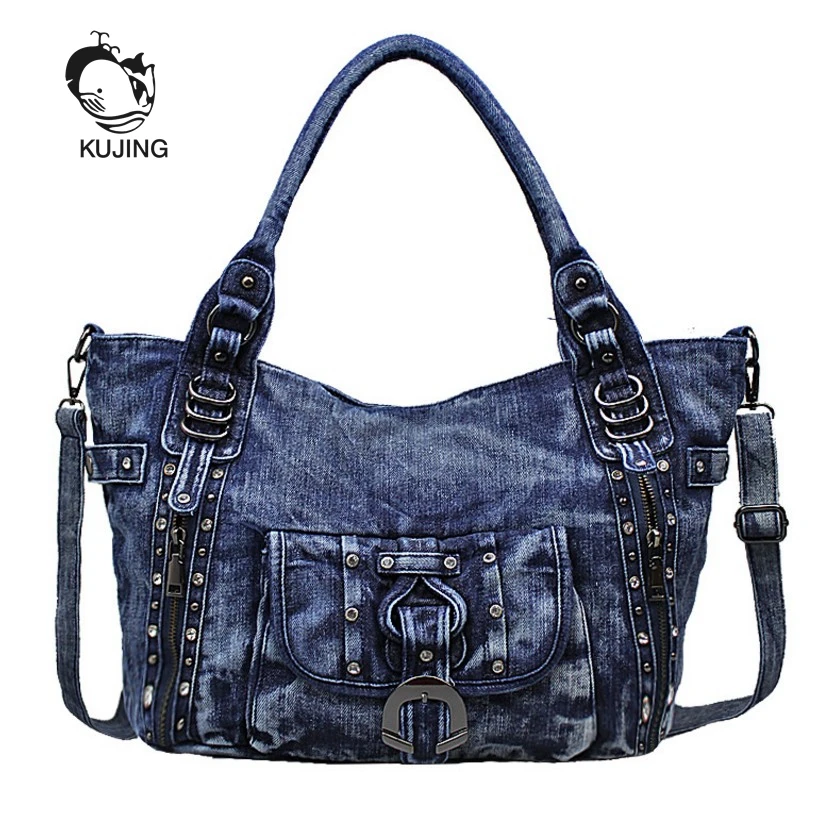 

KUJING Ladies' Handbags Retro Denim Large Capacity Women's Bags Fashion Diamond Studded Messenger Bag Women's Luxury Canvas Bag