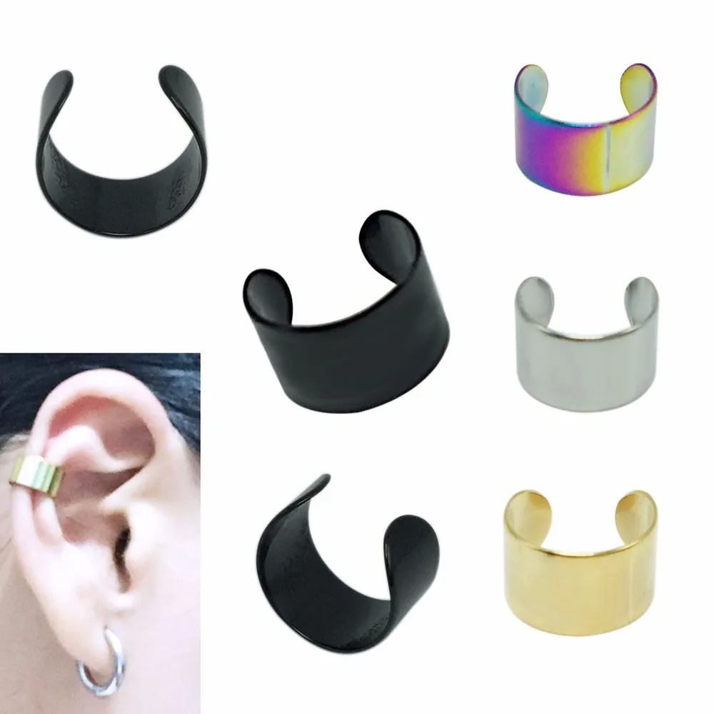 2pieces fashion clip earrings ear cuff fake earings stainless steel black gold silver rainbow 6mm adjustable size ear wrap 1
