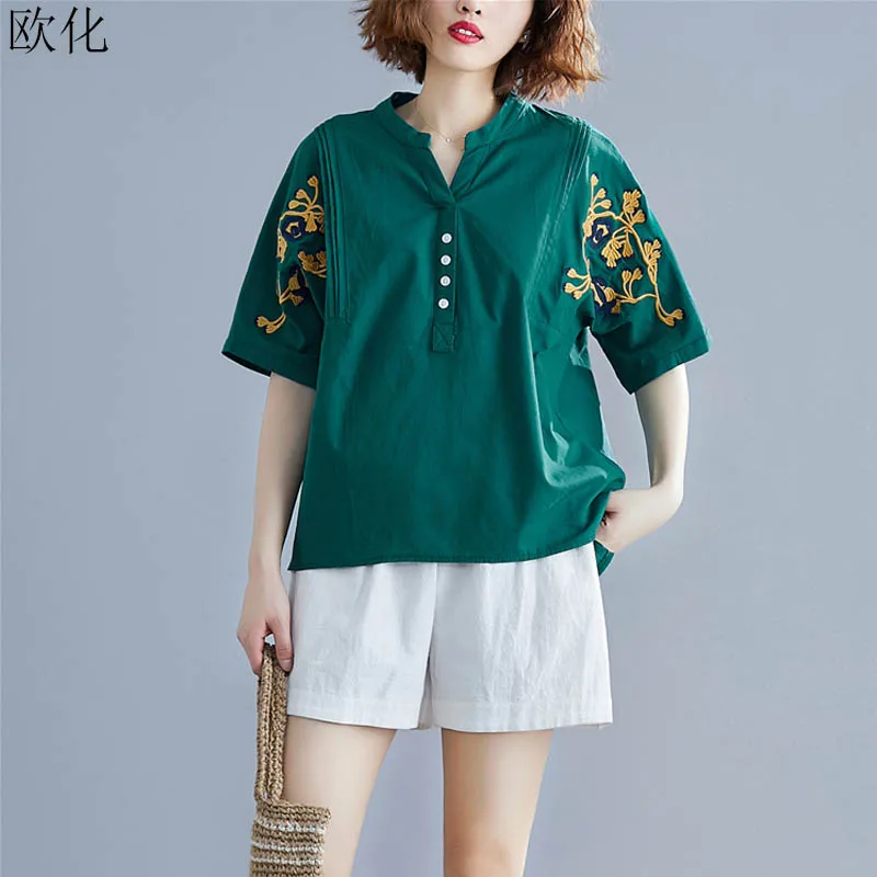 

Vintage Embroidered Elegant Women Tshirt Plus Size Summer Casual Loose Cotton Linen Tee Shirt Female Big Size Ladies T Shirt Top