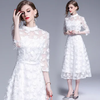 

womens woman ladies Designer cute summer sexy white 3D embroidery runway Skater Casual party Swing midi dress clothes for women