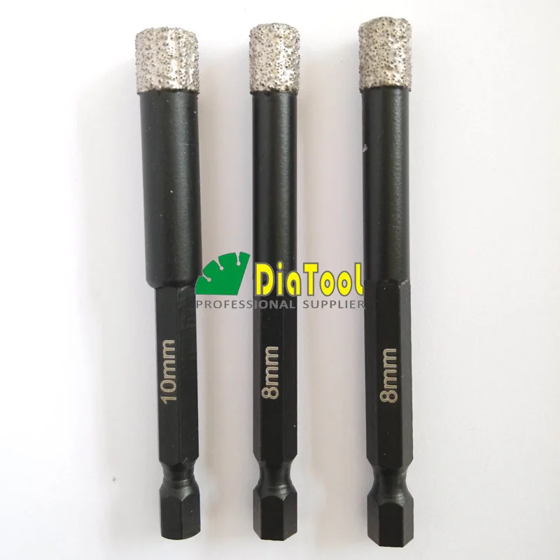 DIATOOL 3pcs 8mm+8mm+10mm Professional Quality Vacuum Brazed Diamond Core Bits With Qucik Fitting Shank, Dry Drilling Bits