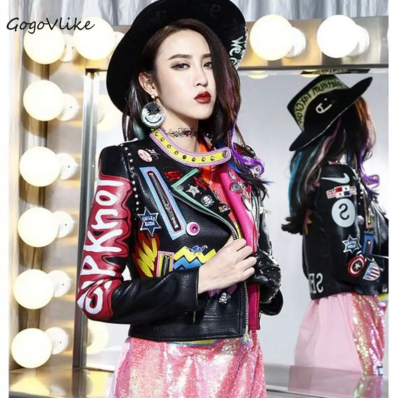 

PUNK graffiti PU leather jacket European style women original Epaulet letter jacket rivet locomotive motocycle coat LT129S30