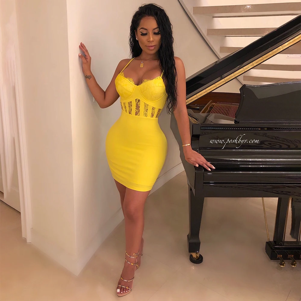 

Mini Short Adjustable Spaghetti Strap Bandage Bodycon Dress Yellow Lace Patchwork Slim Fit Party Club Dress