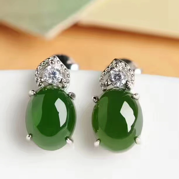 Natural green jasper gem stud earrings 925 silver natural gemstone