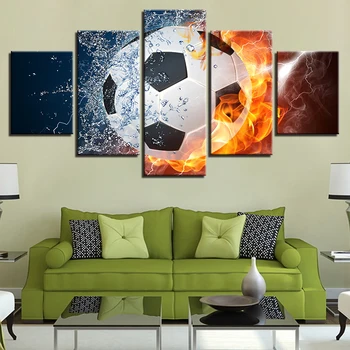 

Modular Canvas Wall Art Pictures Living Room Decor 5 Pieces Hot Socer Football Water And Flame Paintings HD Printed Poster