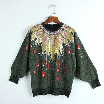 

New 2018 Autumn Women's Sweaters High Quality Sequins Beading Female Crystal Pullover Runway Embroidery Tops Shiny Cotton Jumper
