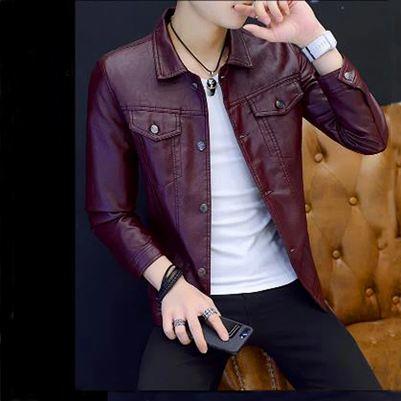 

2018 New leather jacket spring autumn Slim was thin fashion leather jacket men solid Single breasted men faux leather jacket