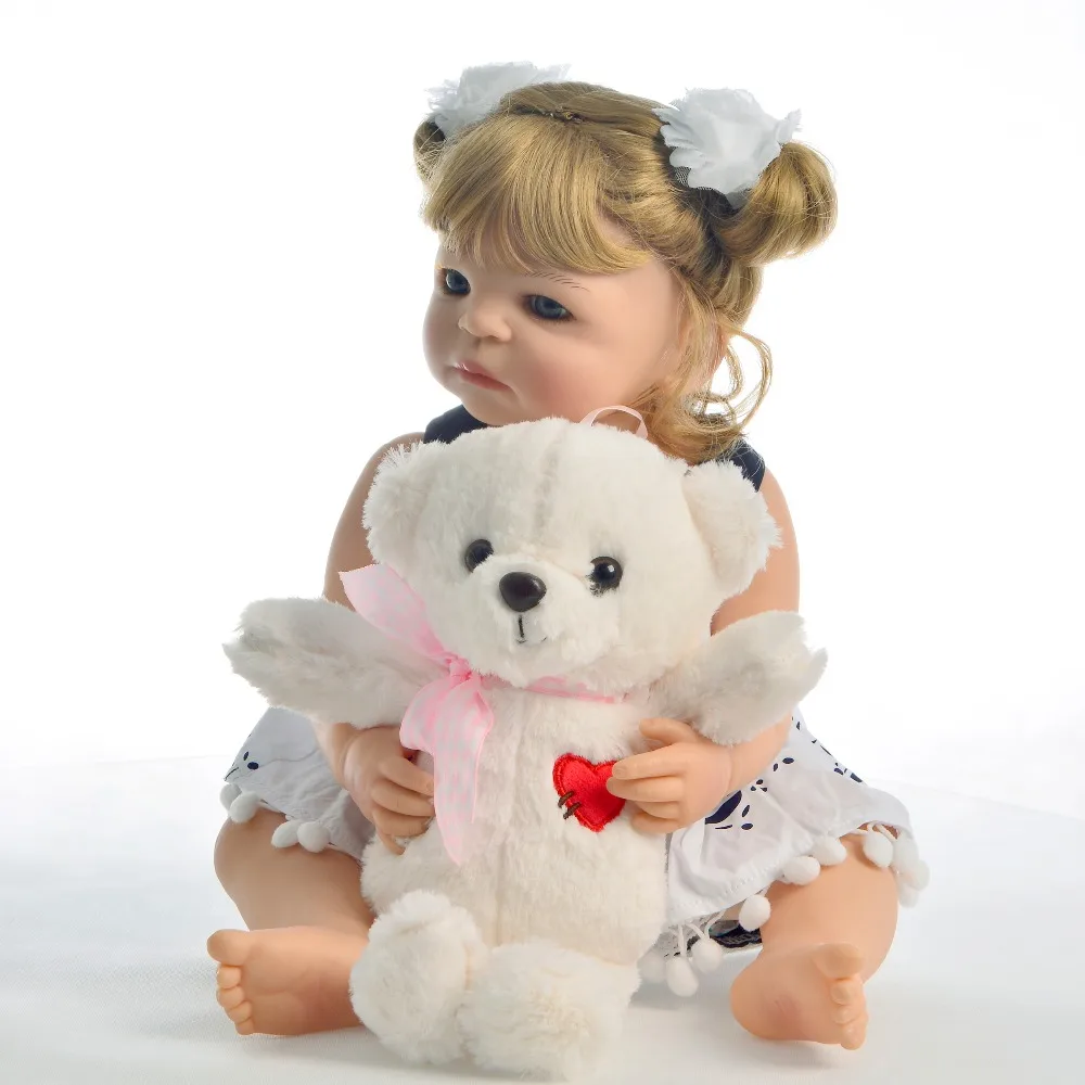 

22'' 55 cm New Arrival Full Body Vinyl Baby Doll Girl Toy Lifelike Boneca Reborn Babies Blond Curls Hair Kids Birthday Present