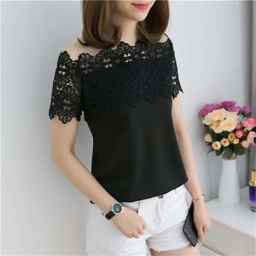 

Gowyimmes 2019 Summer Women Off Shoulder Lace Blouse Sweety Girl Floral Shirt Lady Short Sleeve Blusas Basic Top Pullovers PD255