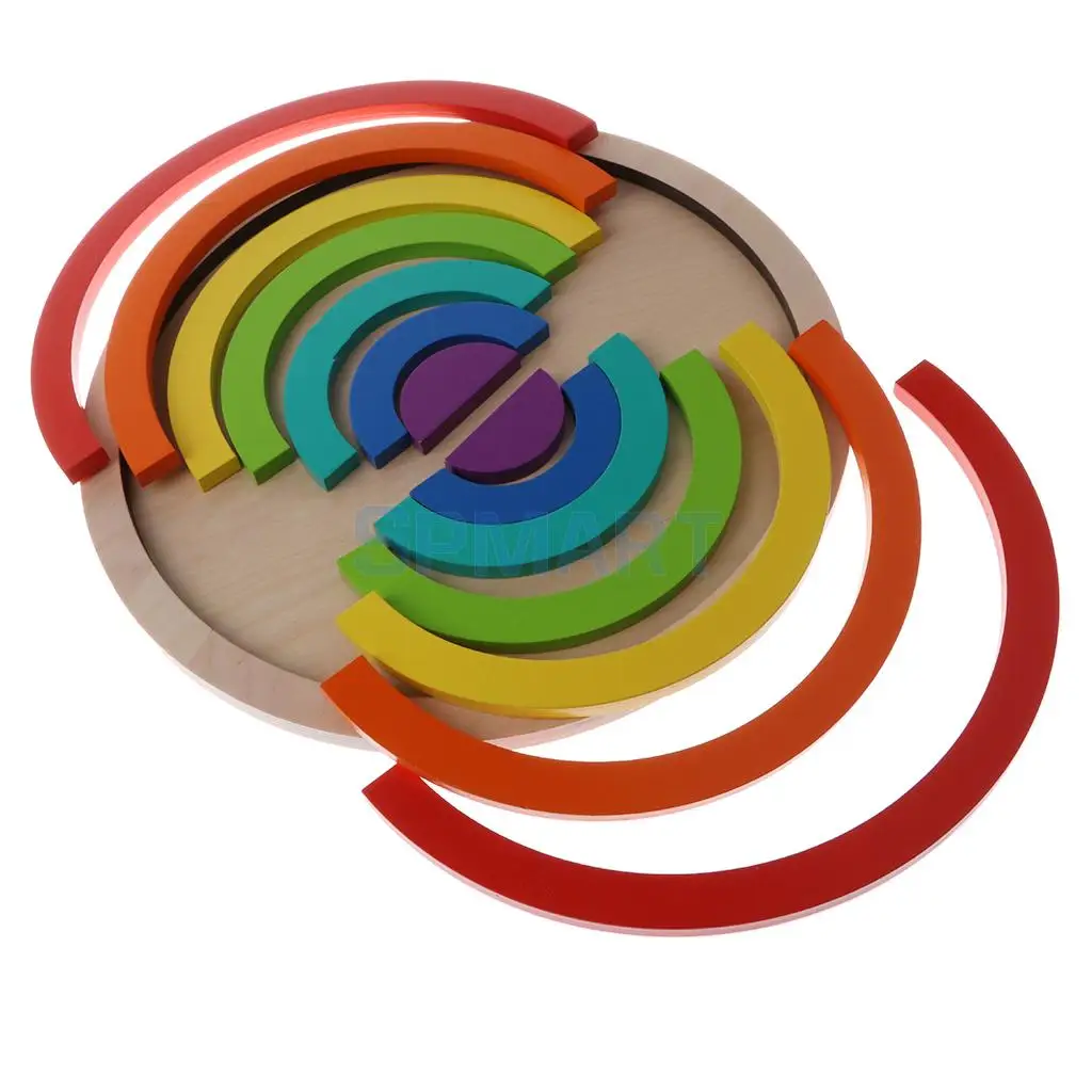 7 Colors 14 Pcs Wooden Stacking Rainbow Shape Bricks Arch Building Blocks Educational Toy Set
