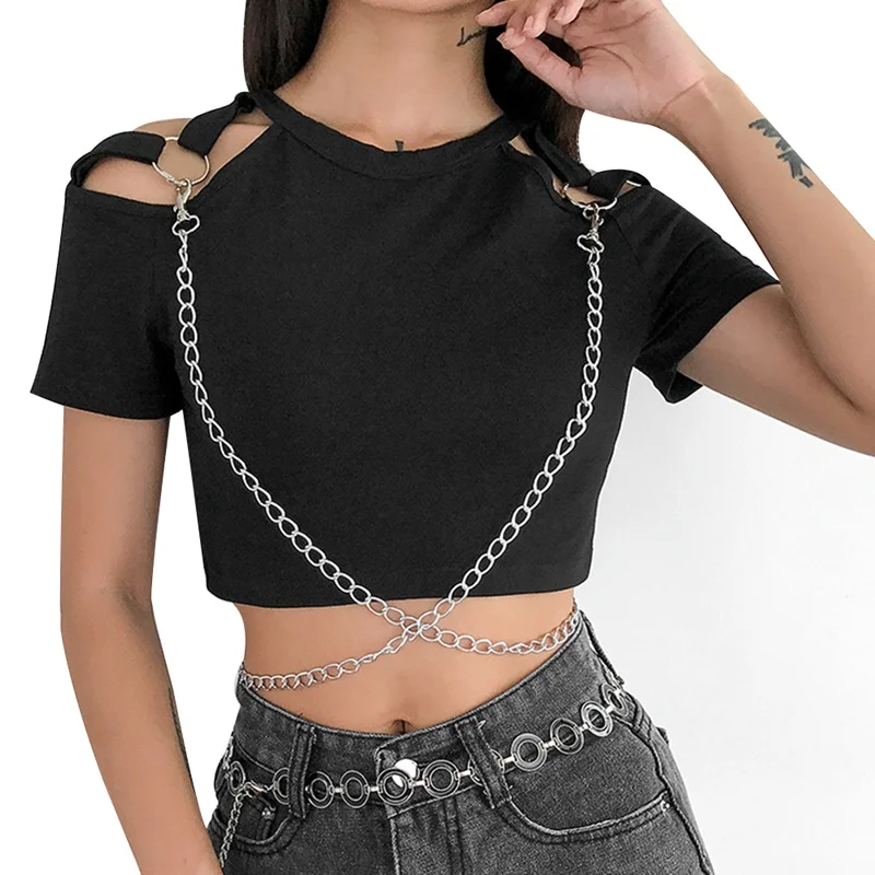 

Chains Punk Black T-shirt Women Hollow Out Summer Cotton Crop Tops Women O-neck Gothic Tshirts Female Korean Tee Shirt Harajuku
