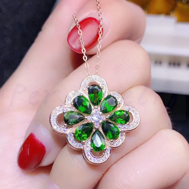 Естественный диопсид колье с подвеской в форме цветка Серебро 925 пробы 0.45ct* 8 шт драгоценных камней ювелирные изделия# S194502