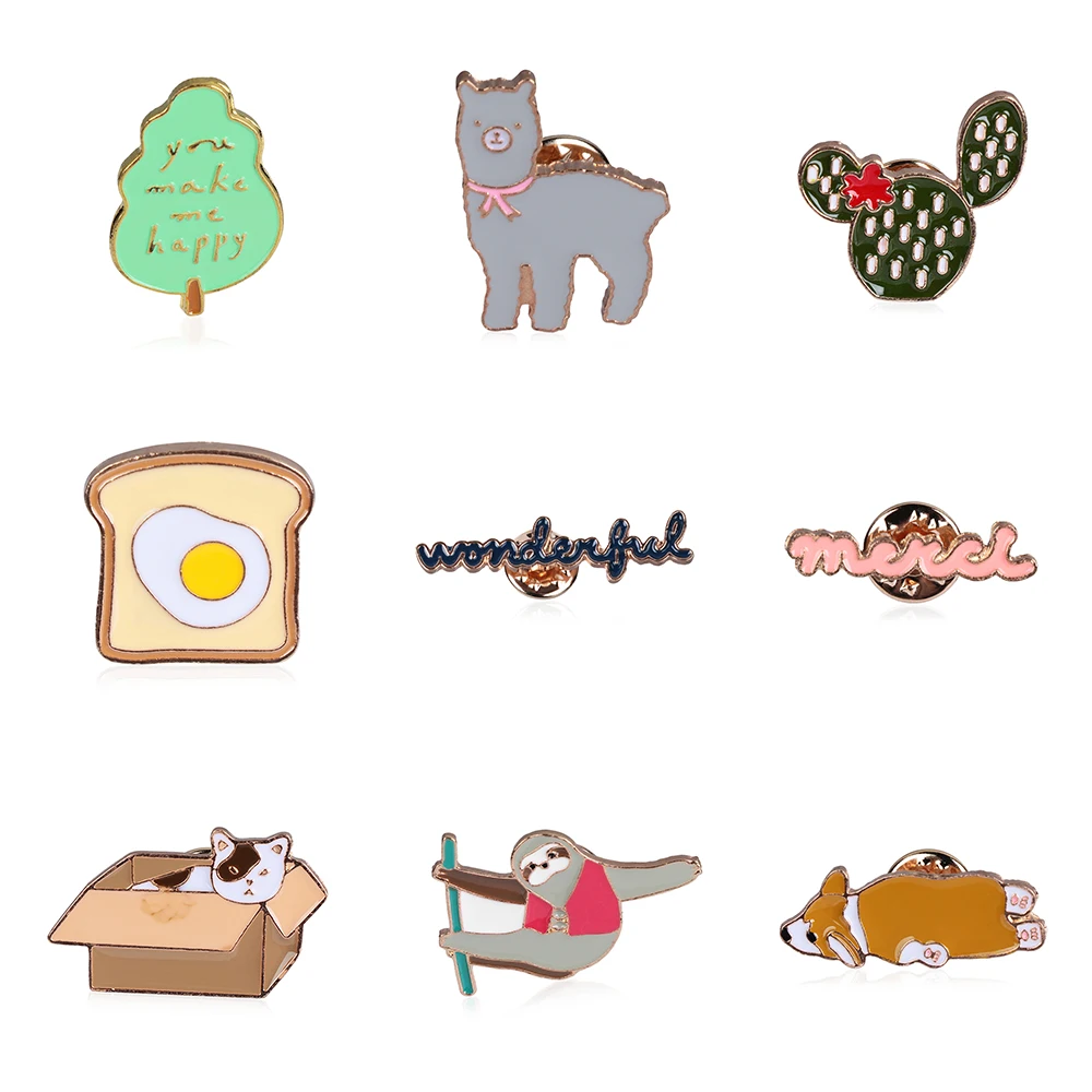 

Funny Cute Cartoon Badge Brooch Collection Alpaca Cat Toast Cactus Tree Enamel Lapel Pin Clothes bag Jewelry Women Creative Gift