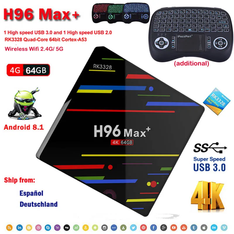 

android 8.1 smart tv box H96 MAX 4GB ram 64GB rom Media Player Quad Core youtube 4K USB 3.0 H.265 decoder WiFi 2.4G set top box