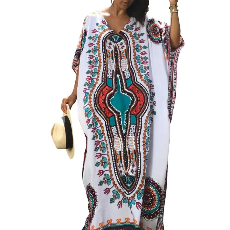 Women Vacation Deep V-Neck Kaftan Swimsuit Cover Up Ethnic Colored Geometric Floral Printed Beach Maxi Dress Oversized Long Robe