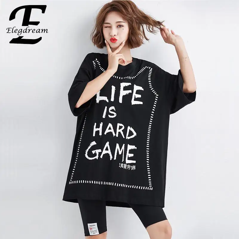 

Elegdream Plus Size Women Letter Print Tees Fashion Black Shirts Ladies Casual Loose Top Tunic 2019 Summer T-Shirts Female Blusa