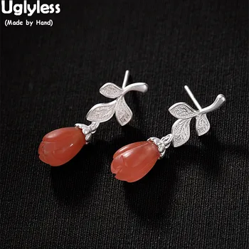 

Uglyless Handmade Leaf Fine Jewelry for Women 100% Solid 925 Silver Drop Earrings Magnolia Flower Earrings Natural Agate Bijoux