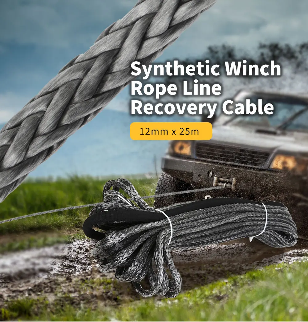 

High Strength Synthetic Winch Rope 12mm X 25m Line Recovery Cable Car Wash Maintenance String For 12000-15000 Pound Capstan
