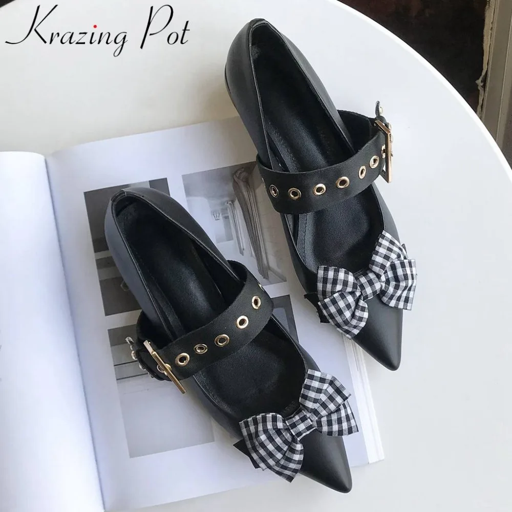

Krazing pot plus size genuine leather buckle strap sweet girl butterfly-knot pointed toe buckle strap vocation party loafers L95