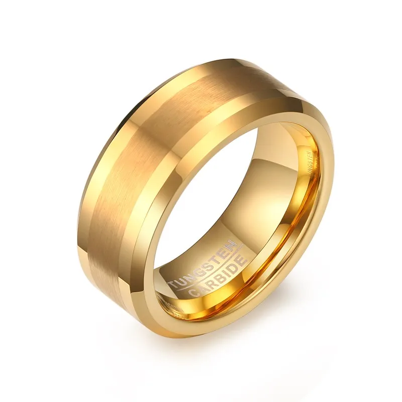 Mens Rings 8MM Tungsten Carbide Gold-color Finger Ring for Men Engagement Wedding Bands Comfort Fit Fashion Jewelry anillos anel