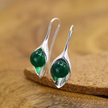 

Sterling Silver S925 Silver Earrings simple natural green lady Earrings