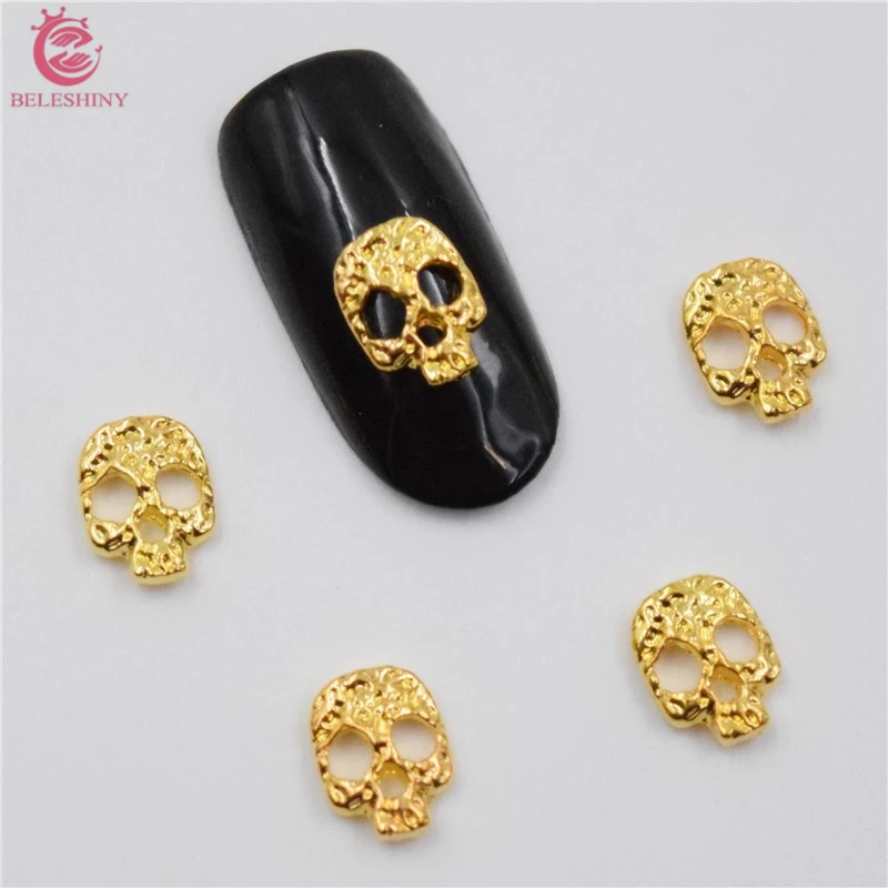 10psc золотой череп 3D украшения для ногтей, сплав для ногтей, Стразы для ногтей#065