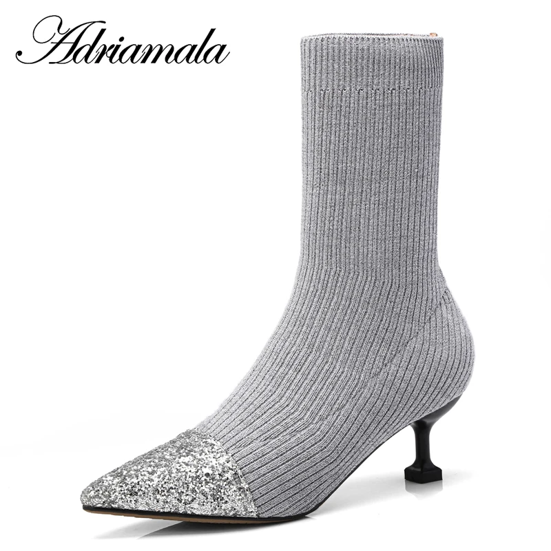 

2018 Knitting Ladies High Heel Boots Mid-calf Slip-on Pointed Toe Thin Heels Sewing High Heels Boots For Ladies Autumn Adriamala