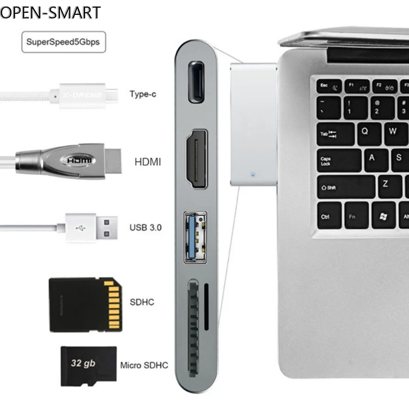 Prix OPEN SMART En Alliage D aluminium Bleu LED Thunderbolt 3 Type C À 4 K HDMI USB 3.0 Hub SD TF Lecteur de Carte Pour MacBook Pro