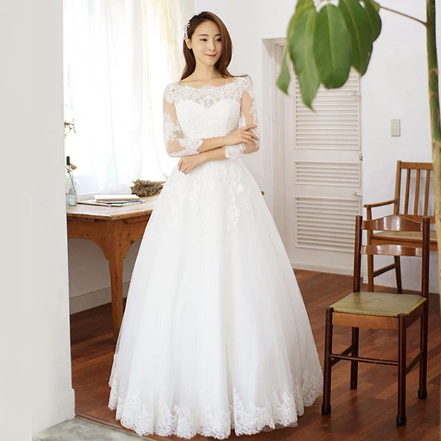 2016 Latest Design Tulle Scoop Neck Three Quarter Sleeves Floor