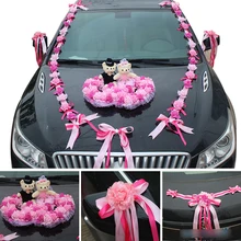 Genie Flores Artificiales de La Boda Decoración Del Coche Set Doble Corona de Corazón con Pareja Osos de Peluche Accesorios de La Boda de la Guirnalda de BRICOLAJE