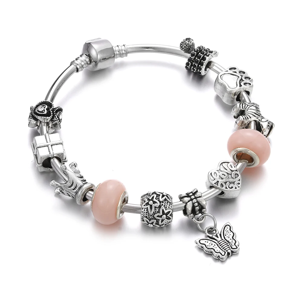 

Cute Charm Bracelet With Flower Leaf Butterfly Pendant Pink Red Crystal Beads Friendship Fit Women Bracelet DIY Jewelry Making