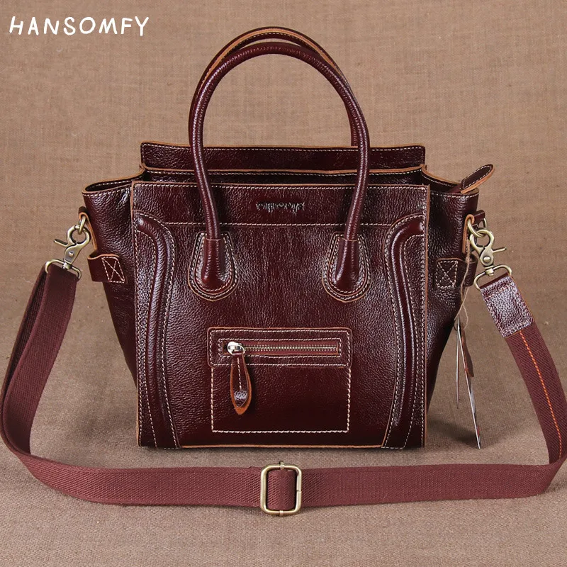 New real genuine lether Women handbags first layer handmade cowhide shoulder bag fashion trendy smiley diagonal female briefcase