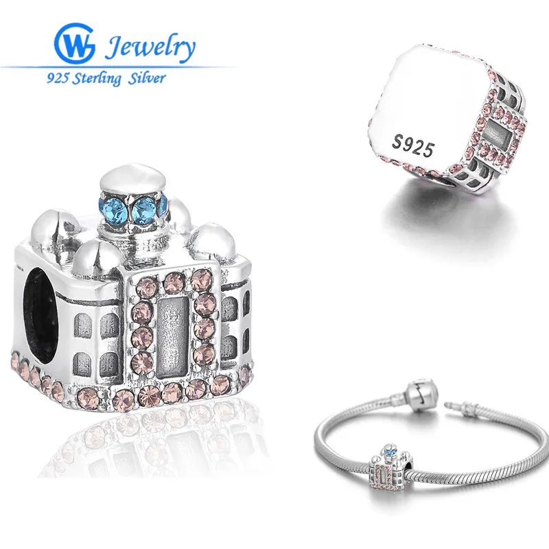 

Blue Crystal Taj Mahal Charm Pendant 925 Sterling Silver Cubic Zirconia Bead Charm Diy Spacers For Bracelets X360H20