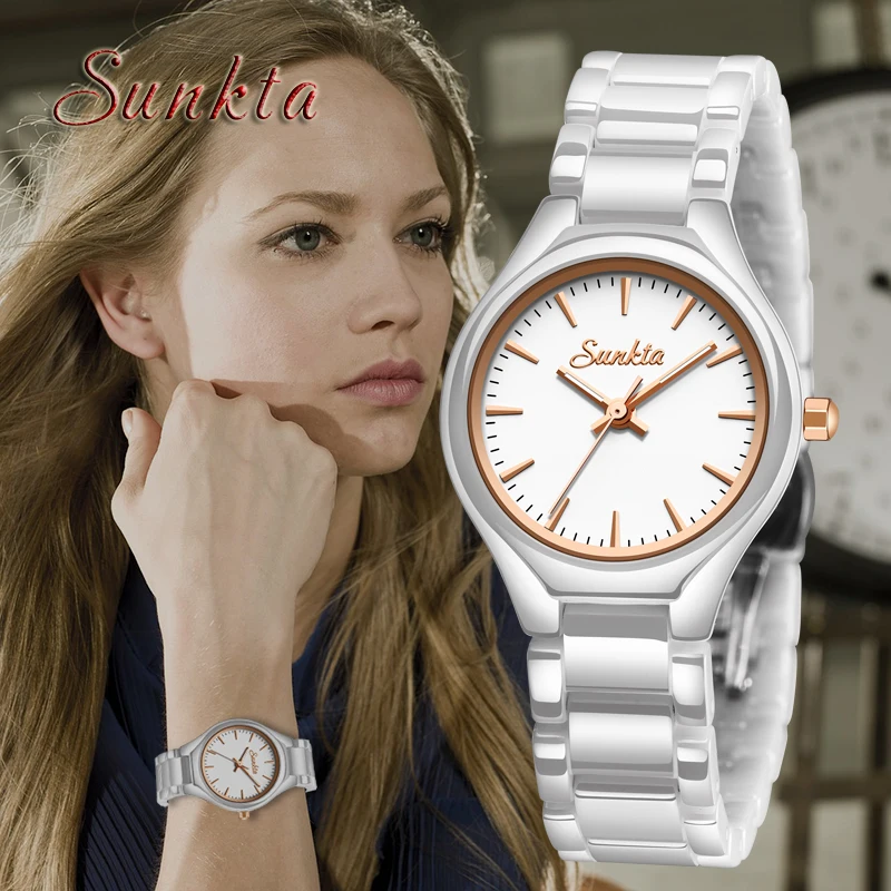 

SUNKTA New All White Ceramic Quartz Women Watches Waterproof Fashion Simple Style Top Brand Luxury Watches Women Zegarek Damski
