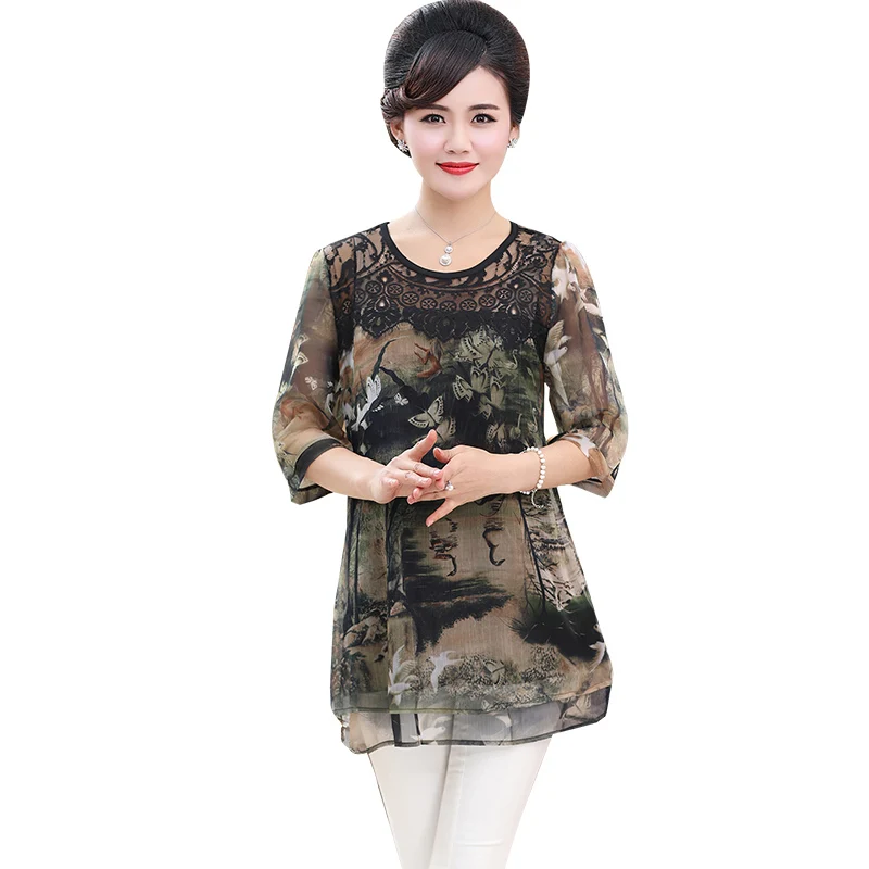 

NIFULLAN 2019 Summer Women Lace T-shirt Top Plus Size Half Sleeve Mother Loose Clothing Double Layer Vintage Camisetas Mujer