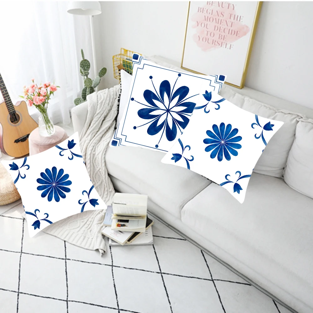

Decorative Cushion Cover Home Living Room Decoratin Supplies 45cm*45cm Vintage Oriental Blue and White Linen Pillow Case 1pcs