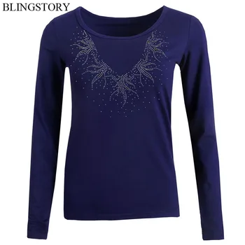 

BLINGSTORY Long Sleeved Autumn T Shirt All Match Cotton Plus Size Basic Tee Tops with Bead