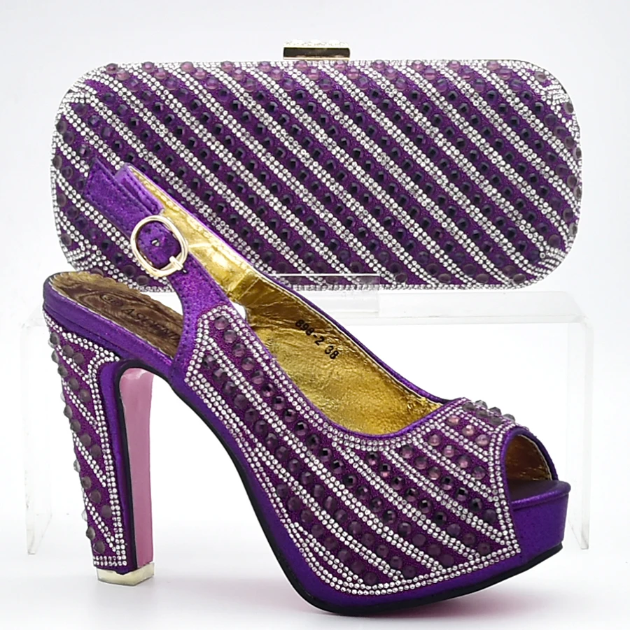 

Purple Color Italian Ladies Shoes and Bag Set Decorated with Rhinestone Nigerian Party Shoes and Bag Set High Quality Women Shoe