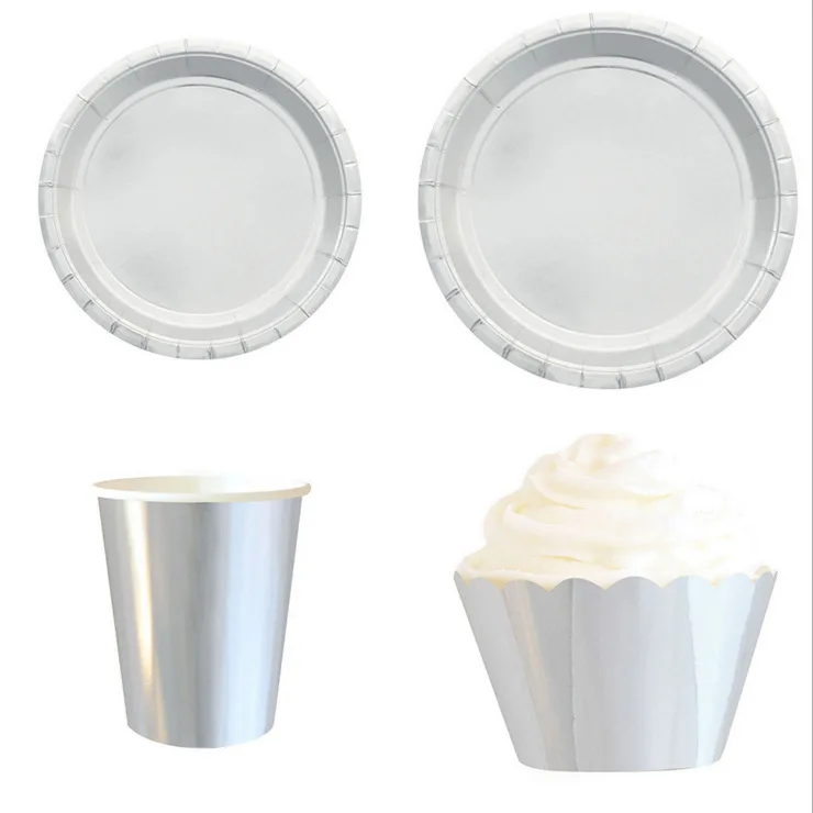 

Metallic Silver Disposable Paper Tableware Sets Valentine Birthday Wedding Party Decor Silver Paper Straws Plates Cups