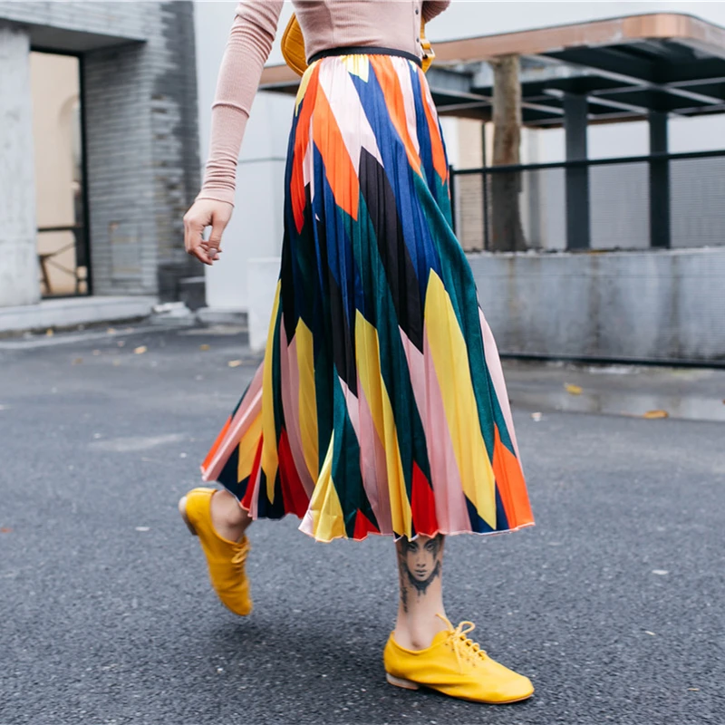 

2019 Ladies Striped Multicolor High Waist Office Lady Pleated Skirt Stylish European Mid Calf Street Wear Skirts Women
