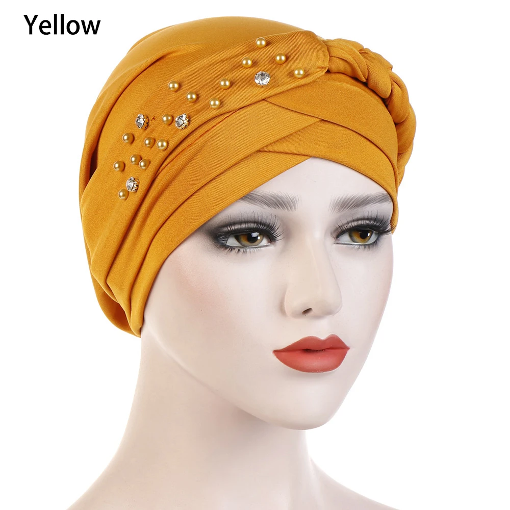 

Ladies Elastic Beads Braid Turban Hat Muslim Cancer Chemo Cap Hijab Head Wrap Hair Loss Head Scarf Women Cute Fashion Bandana