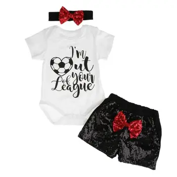 

3pcs Baby Girls Clothes Set Bow Sequins Shorts + Headband + Football Letters Printed Bodysuit Newborn Clothing Set