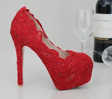 Red lace wedding shoes pearl bridal shoes rhinestone handmade female wedding red pointed toe and round toe high-heeled pumps