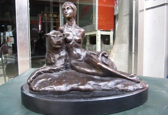 

Collectible bronze lion statue S0285 9" Classic Pure Bronze Copper nude belle on Lion Art sculpture on base Marble (B0413)