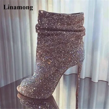 

2018 Spring Autumn Fashion Peep Toe Bling Bling Rhinestone Slip-on Short Boots Crystal Thin High Heels Ankle Booties Dress Shoes