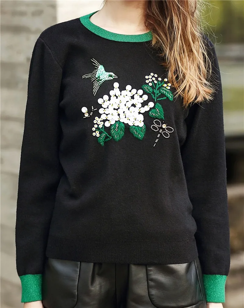 Осень Зима Европейский и американский роскошный дизайн Бисероплетение птица блестками свитер с цветочным рисунком женские вышивка лист трикотажные топы SY1236