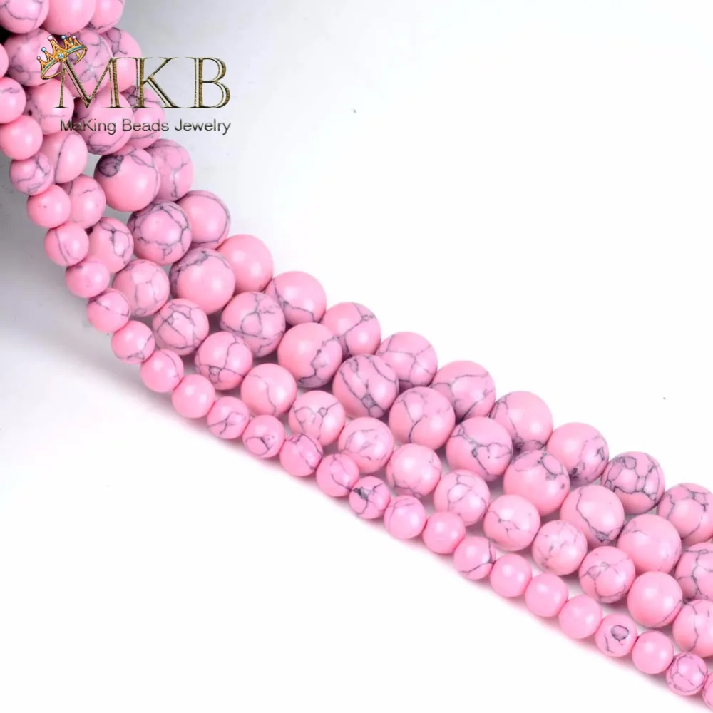 Wholesale 4 6 8 10 12mm Pink Turquoises Stones Round Beads For Making Bracelet Necklace Jewelry 15" Spacer Beads for Needlework