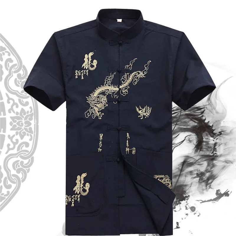 

New 4 Colors Mens Martial Arts Kung Fu Uniform Short Sleeve Shirt Chinese Style Tang Suit With Dragon Pattern